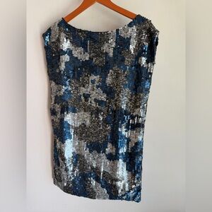 Roberta Freymann Blue Silver Sequin Camo Scoop Back‎ Sleeveless Top Size 1